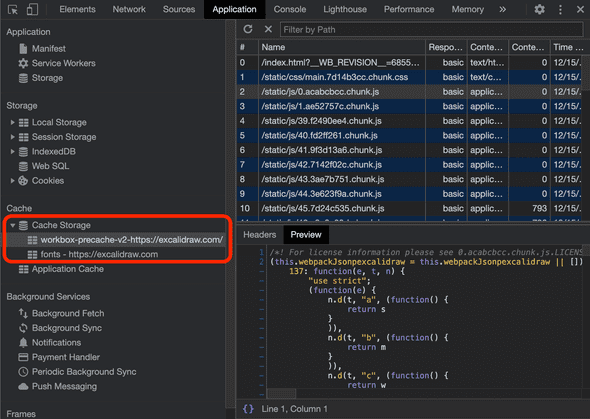 Chrome DevTools Application tab showing the two Excalidraw caches.